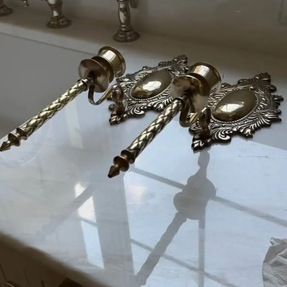 Vintage brass ornate candelabra wall sconce set of 2
